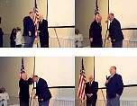 Blackbird Laurels Presentation - Top Left- The late California Congressman and former Rocket Aircraft Pilot Pete Knight telling me the ribbons a snug fitting. Bottom Left- The attempt to get it on starts . Top Right- Did not work well and backed off for a second try. Bottom Right- A few words about the experience. A great Test Pilot giving me a great award. A thrill of a lifetime!!!