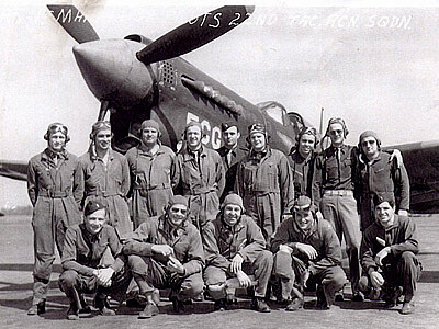 22d TAC Rcm Sq. L-R: Cracker Face Lewis, Gordon Dingee, Pappy Hughes, Frank Schlabs, Earl Gosnell, ??, Carl Burak. Squatting: Hank, Vincent Graves, Bob Monsted, Ralph Voorhees, ??